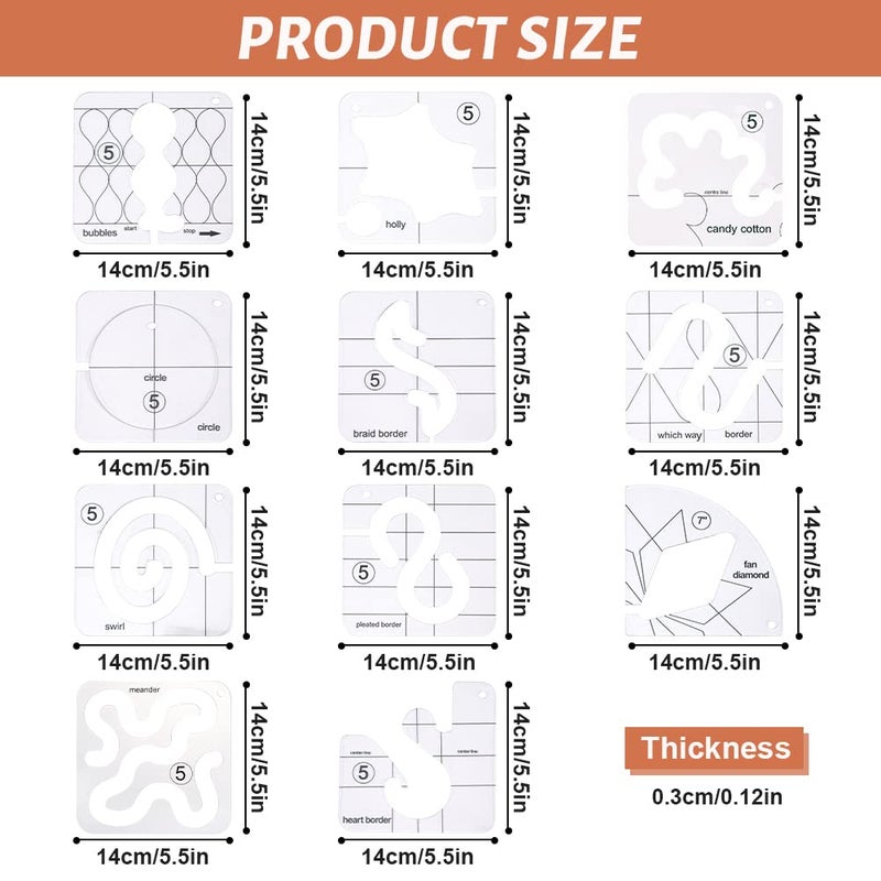AUMACHEN 14 PCs Free Motion Quilting Template Set Includes 11 Quilting Templates 3mm  High Shank Ruler Foot  Non-Slip Grips  Free Motion Quilting Rulers and Templates for DIY Quilting on Sewing Machine - Image 2